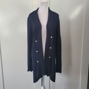 White House Black Market Navy Blue Ribbed Cardigan Gold Crest Buttons Women's M